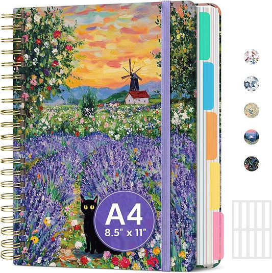 Large Lined Spiral Journal for Women Cute Hardcover 5 Subject Notebook for Work 8.5" x 11" with Removable Dividers & Tabs, College Ruled, 280 Pages Aesthetic Journal for Work, School & Note Taking, Lavender Dusk
