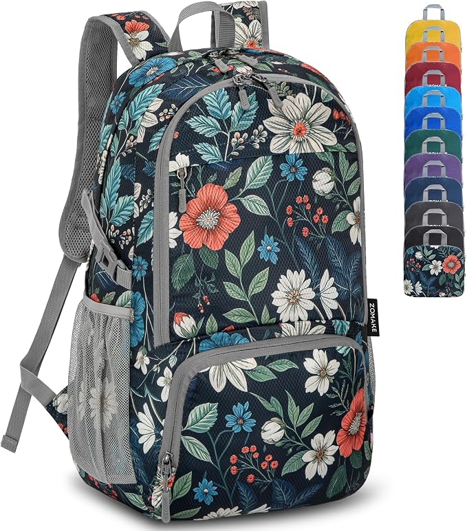 ZOMAKE Lightweight Packable Backpack 30L, Foldable Travel Hiking Daypack | Water Resistant Collapsible Backpacks, Folding Day Pack for Outdoor Camping Sport, Everyday Carry(Navy blue,Floral pattern)