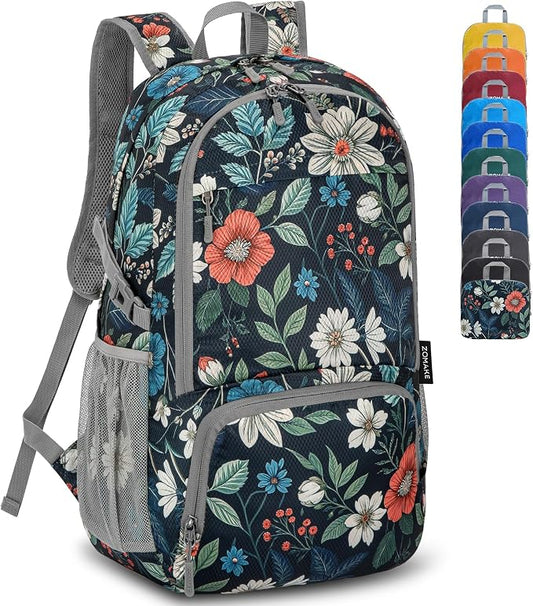 ZOMAKE Lightweight Packable Backpack 30L, Foldable Travel Hiking Daypack | Water Resistant Collapsible Backpacks, Folding Day Pack for Outdoor Camping Sport, Everyday Carry(Navy blue,Floral pattern)