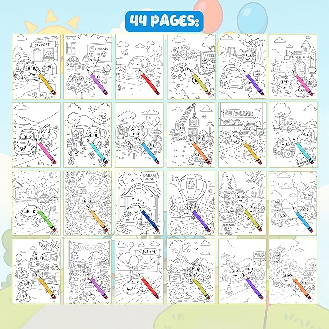 Coloring Book – Happy Wheels: Fun Vehicle Adventures for Kids – Spiral Bound, Perfect for Boys and Girls. Features Cars, Trucks, Buses & More on Wacky Roads! Thick 199 GSM Paper, Sheet Size 8.5x11 in.