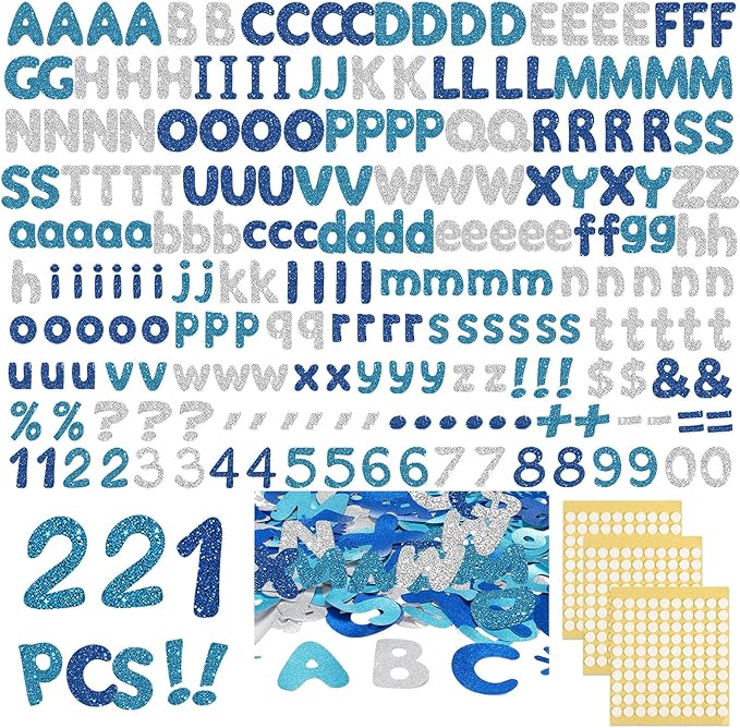 221 Pcs Glitter Blue Bulletin Board Letters, Round Alphabet Number Punctuation Symbol Combo Letter Cutouts, Sparkle Classroom Decoration for Winter School Chalkboard Poster Board