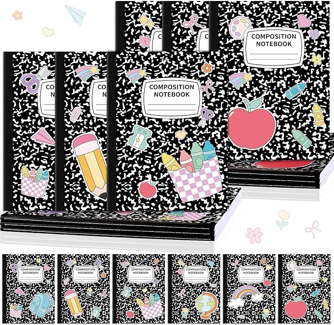 6 Pack Large Composition Notebooks Bulk 9.8 × 7.5 in Wide Ruled Hard Cover Composition Book Assorted Marble Journal College Ruled Paper for College Office Back to School Supplies(Black and White)