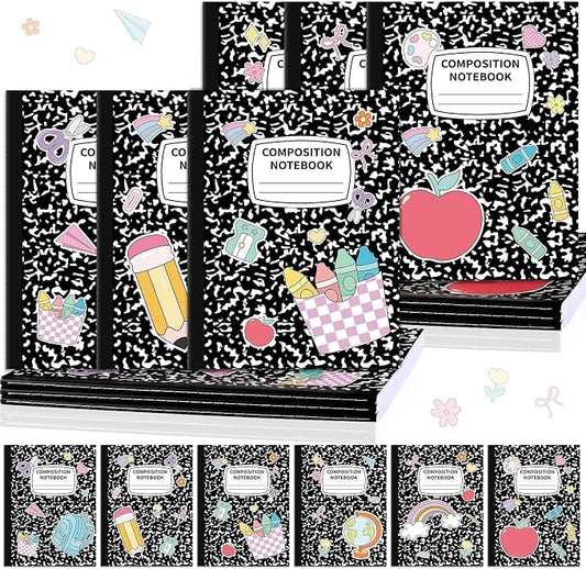 6 Pack Large Composition Notebooks Bulk 9.8 × 7.5 in Wide Ruled Hard Cover Composition Book Assorted Marble Journal College Ruled Paper for College Office Back to School Supplies(Black and White)