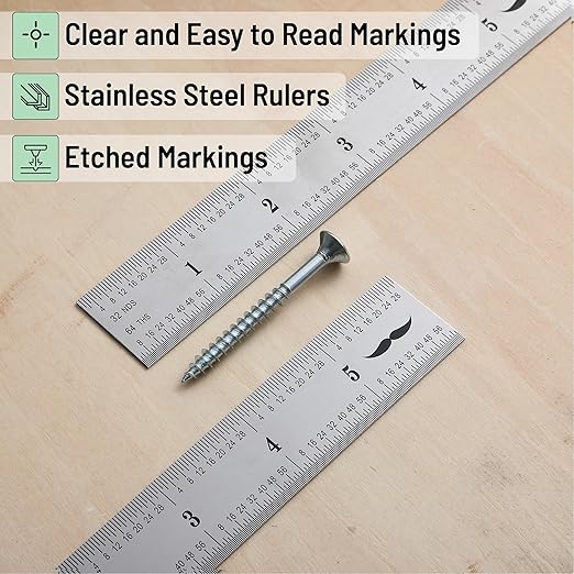 Mr. Pen- Machinist Ruler, 6 Inch, 2 Pack, Stainless Steel Imperial, Precision Measuring Tool, 1/8", 1/16", 1/32", 1/64" Graduation for Engineering, Carpentry, Drafting, Office, School