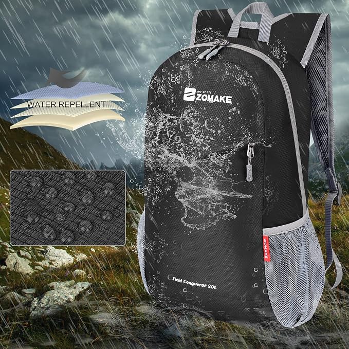 ZOMAKE Lightweight Packable Backpack 20L, Foldable Small Daypack for Hiking | Water Resistant Backpacks Day Bag for Travel Outdoor Camping Sport, Everyday Carry, Multi Compartment Storage(Black)