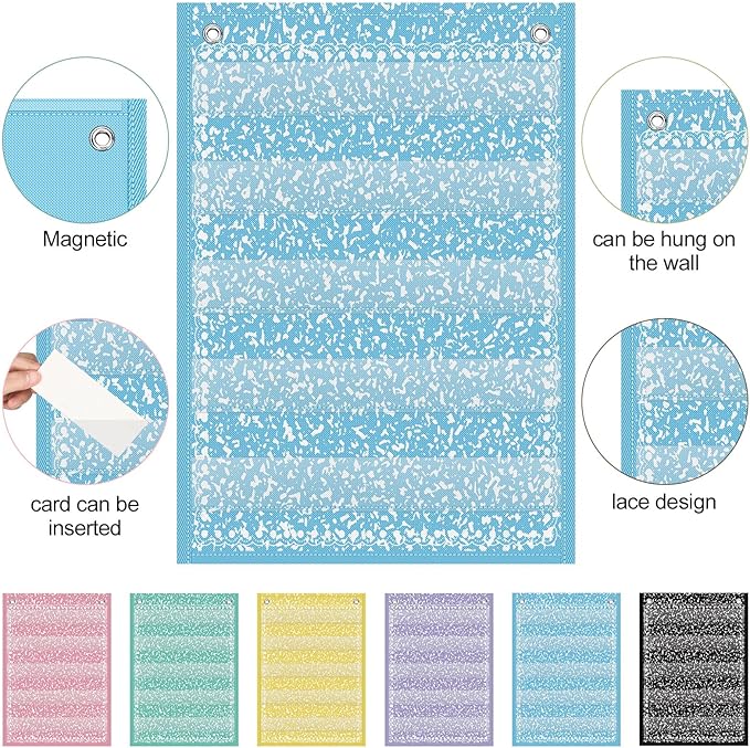 Gueevin 6 Set Magnetic Pocket Chart with 5 Clear Pockets and 30 Dry Erase Cards Painted Classroom Schedule Pocket Chart for Whiteboard Class Demonstrations (Pastel Color,Confetti Pattern)