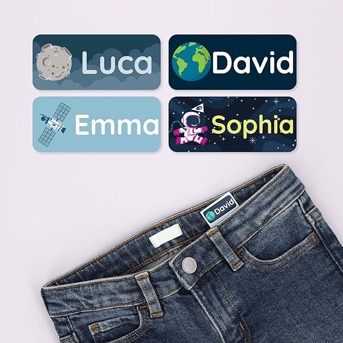 Personalized Name Labels for Kids (180) – Custom Waterproof & Durable Stickers for Clothing, Daycare, Office & School Supplies - Space