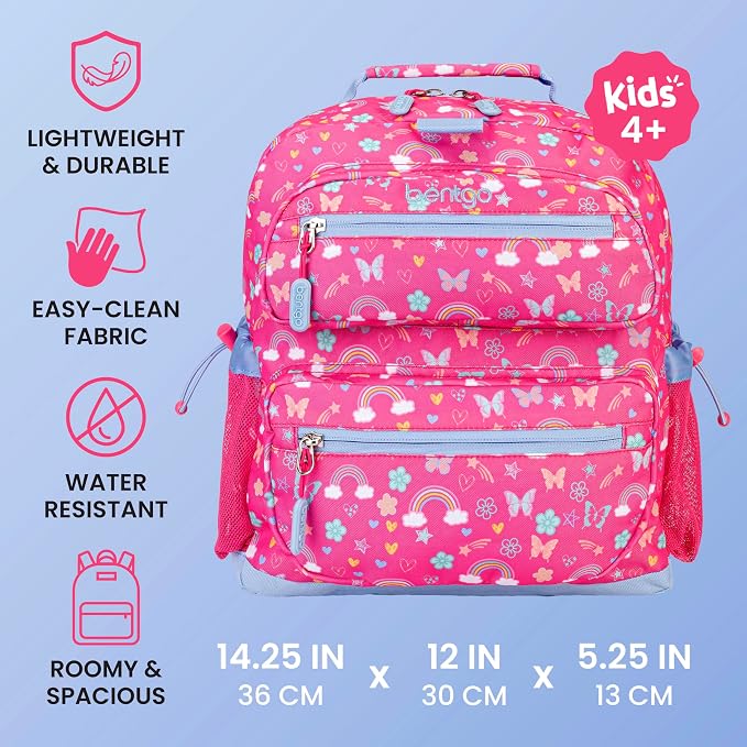 Bentgo Kids Backpack - Lightweight 14” Backpack in Fun Prints for School, Travel, & Daycare, Ideal for Ages 4+, Roomy Interior, Durable & Water-Resistant Fabric, & Loop for Lunch Bag (Rainbows)