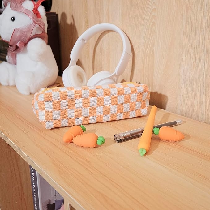 Pencil Case Pen Case Office College School Storage Bag Pouch Holder Box Organizer Makeup Pouch Cosmetic Bag Aesthetic Cute Pencil Case for Girls Boys Kids (Orange + White)