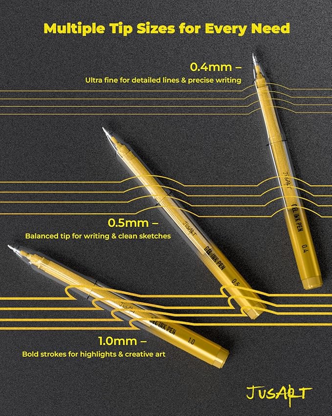 JusArt Gold Pens with 0.4mm, 0.5mm & 1.0mm Assorted Tips, Opaque Gold Ink Pens for Writing, Black Paper Journaling, Drawing & DIY Crafts, Ideal Drawing Pens for Artists & Art Supplies, 3 Pack