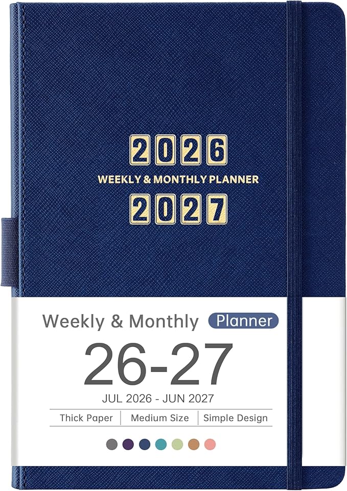 Artfan Planner 2026-2027 - Academic Planner 2026-2027, Jul. 2026 - Jun. 2027, 12-Months Weekly and Monthly, 5.75" x 8.25", Saffiano Leather with Thick Paper, Back Pocket with Notes Pages - Navy Blue