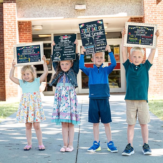 First Day of School Sign (15"x11.5"), Reusable Chalkboard, Easy-to-Clean with Real Wooden Ruler Frame, Handmade in USA by Bloom Owl, Perfect Back to School Chalkboard Sign, First and Last Day