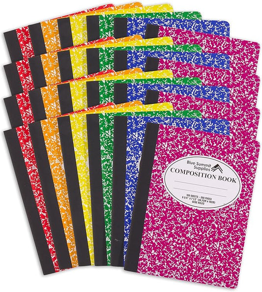 Blue Summit Composition Notebook Bulk, Assorted Color Composition Notebook Wide Ruled Bulk, Marble, 100 Sheets per Book, 24 Pack