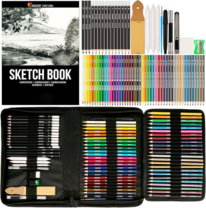 Zenacolor 74 Pack Drawing Kit with Drawing Pencils - Drawing Set for Sketching, Pro Sketch Art Supplies with Sketch Book, Colored, Graphite, Charcoal, Watercolor & Metallic Pencil for Adults and Kids