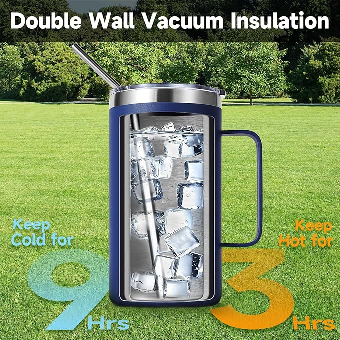 Volhoply 22oz Insulated Stainless Steel Coffee Mugs with Leakproof Lid Bulk 2 Pack,Double Wall Vacuum Travel Coffee Cup with Handle,Reusable Metal Tumbler,Camping Mug Keep Hot&Cold(Assort Color,2)