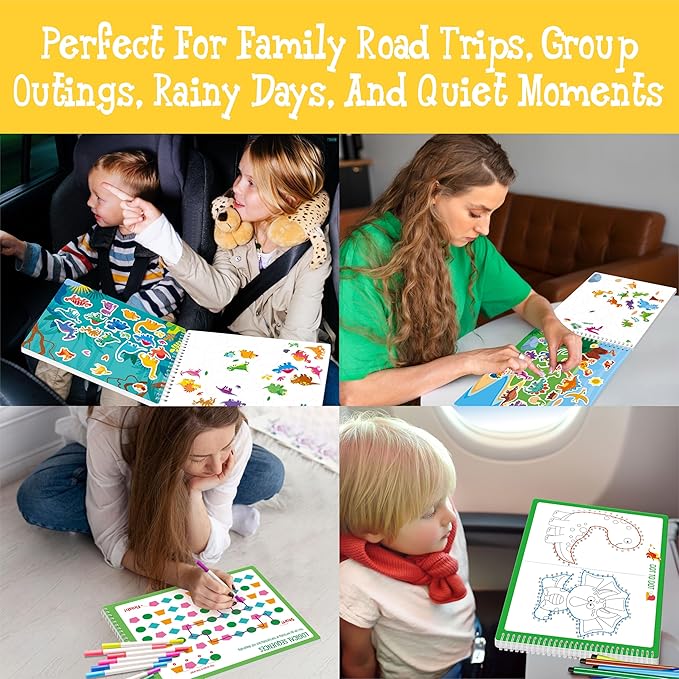 Sticker Activity Book, 640+ Reusable Stickers, 15 Dry-erase Scenes & 16 Fun Games, Side By Side Dinosaur-Themed Activity Book, Educational Hands-on Travel Game - Great for Toddlers, Kids, Boys & Girls