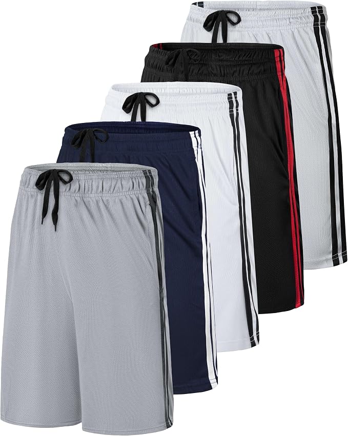 Real Essentials 5 Pack: Boys' Mesh Basketball Athletic Shorts with Pockets – Teen Kids Youth Quick Dry Soccer Running Gym