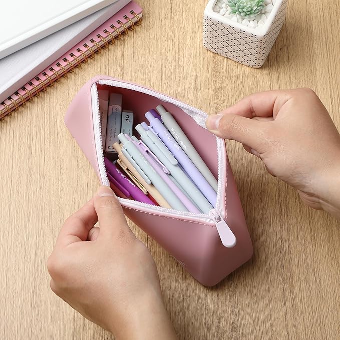 Mr. Pen- Silicone Pencil Case Pouch, Dusty Pink, Aesthetic Triangular Design, Multipurpose, Aesthetic Pencil Case Small, Silicone Makeup Bag