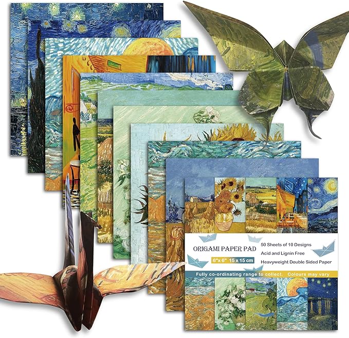 Origami Paper 6x6 Double Sided 50 Sheets 10 Colors origami kit Japanese Chiyo Square Craft Kits Easy Fold Arts Crafts DIY Handwork Van Gogh