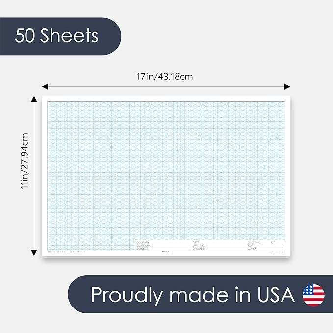 GeekNavy 11" x 17" Isometric Graph Paper 50 Sheets Landscape - 0.25" Grid, Non-photo Blue, High Brightness, Drafting, Engineering, Art, 3D Design (1-Pack)