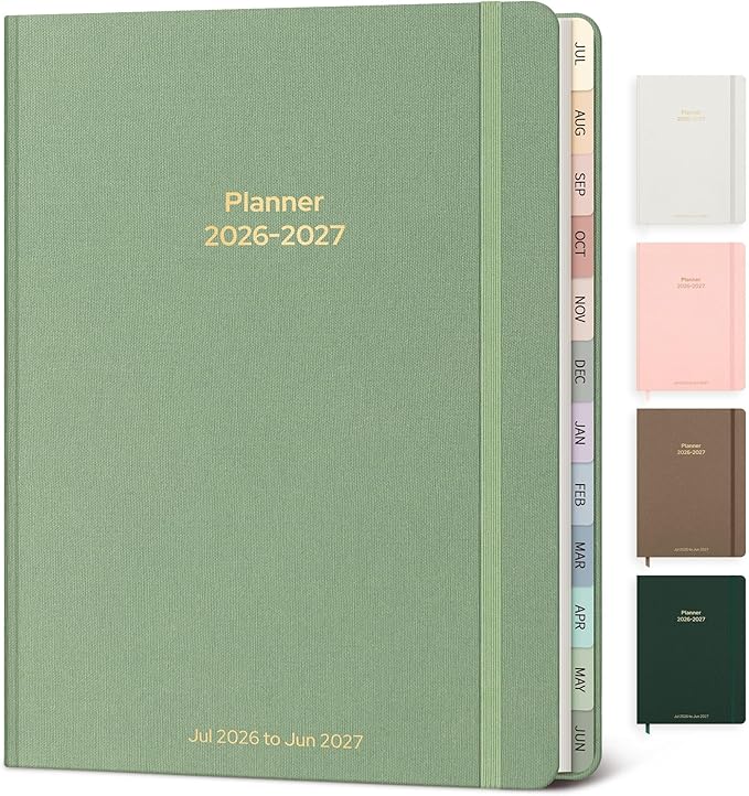 Planner 2026-2027 Monthly and Weekly Academic Planner July 2026 - June 2027, Linen Hardcover Agenda 2026-2027 Calendar Daily Planner for Student Teacher with Monthly Tabs, 7.3" x 10", Cream Green