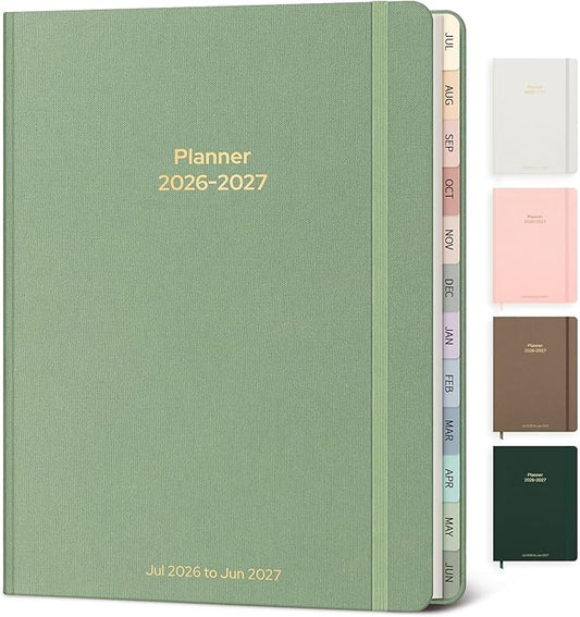 Planner 2026-2027 Monthly and Weekly Academic Planner July 2026 - June 2027, Linen Hardcover Agenda 2026-2027 Calendar Daily Planner for Student Teacher with Monthly Tabs, 7.3" x 10", Cream Green