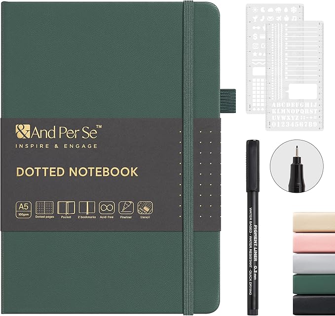 &And Per Se Dotted Notebook, A5 Hardcover with Journal Dotted Pages, Journal Stencils & Pen, 176 Numbered Pages for Beginners Women Men (Green)