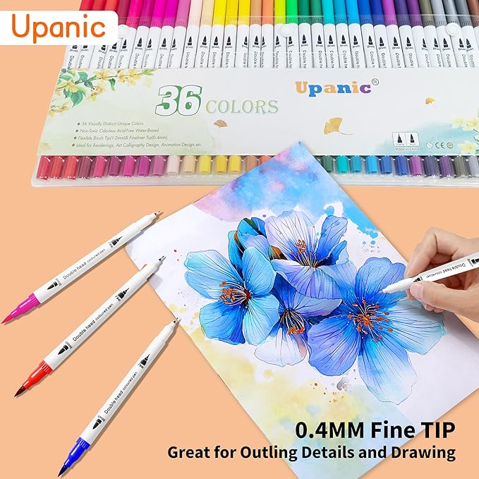 Upanic 36 Brush Markers for Adult Coloring Books,Office Markers for Adults Lettering,Dual Tip Brush Pens for Drawing,Colored Pens for Art,Journal Planner,Doodle,Brush&Fine Marker for Teen Girl Gifts