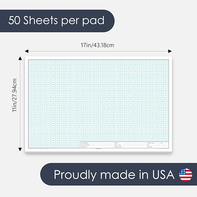 GeekNavy 11" x 17" Isometric Graph Paper 50 Sheets Landscape - 0.25" Grid, Non-photo Blue, High Brightness, Drafting, Engineering, Art, 3D Design (3-Pack)