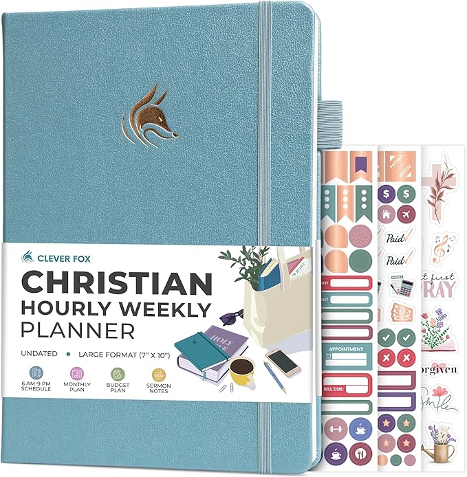 Clever Fox Christian Hourly Weekly Planner – Goal Setting Planner with Time Slots, Monthly Budget, Sermon Notes, Bible Reading Tracker (Aquamarine)