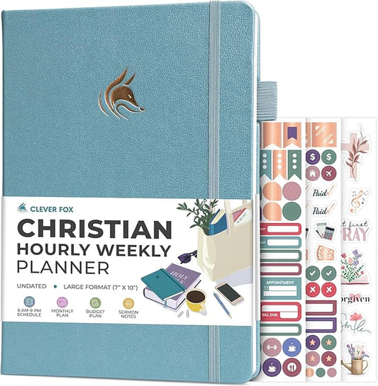 Clever Fox Christian Hourly Weekly Planner – Goal Setting Planner with Time Slots, Monthly Budget, Sermon Notes, Bible Reading Tracker (Aquamarine)