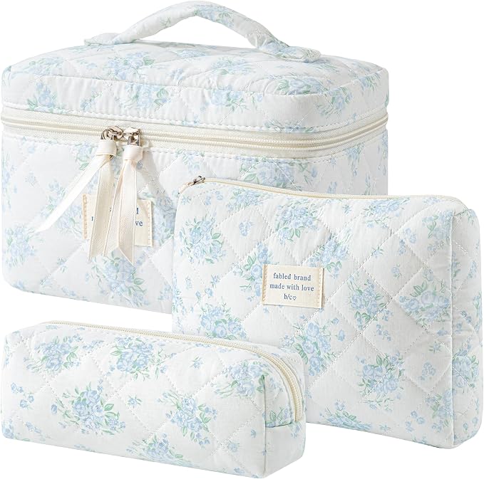 HBselect Quilted Makeup Bag, 3Pcs Cotton Large Travel Makeup Bags Organizer | Cute Floral Make up Bag Cosmetic Bag Toiletry Bag for Women Girls, Makeup Pouch for Skincare, Brushes & Travel Essentials