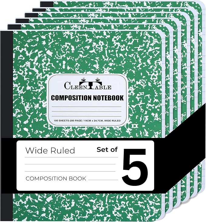 CLEENTABLE Composition Notebook 5 Pack, Wide Ruled Paper, Marble Cover Notebooks for School, 9.75 x 7.5 Inches, 100 Sheets (200 Pages), Sewn Binding Comp Books, Green