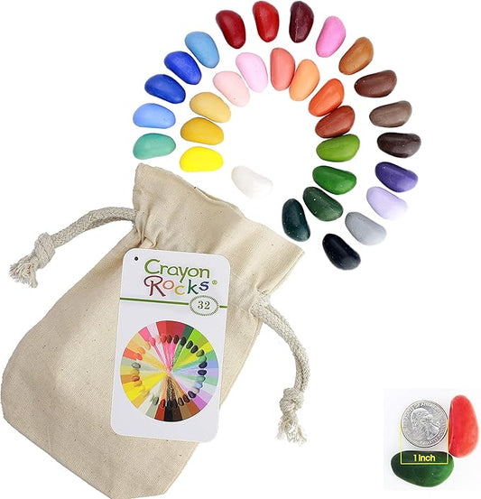 Crayon Rocks, Crayons in a Rock Shape, 32 Count, Tripod Grip Made for Handwriting Development in Kids and Toddlers, Fun & Educational, Creative Activity, Comes in a Muslin Bag - 32 Colors