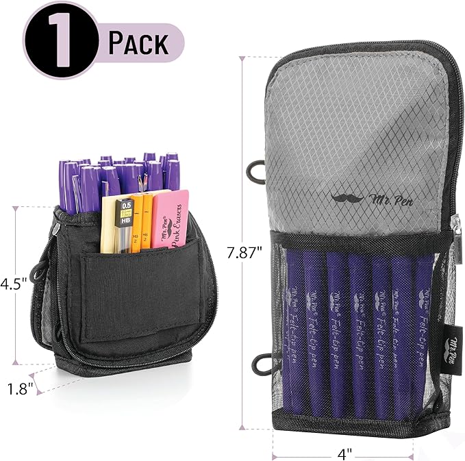 Mr. Pen- Standing Pencil Case Pouch, Sit & Lay Mesh-View Design, Black & Gray, Interior Pocket & 2 Elastic Binder Loops, Cute Pencil Case for Girls and Boys