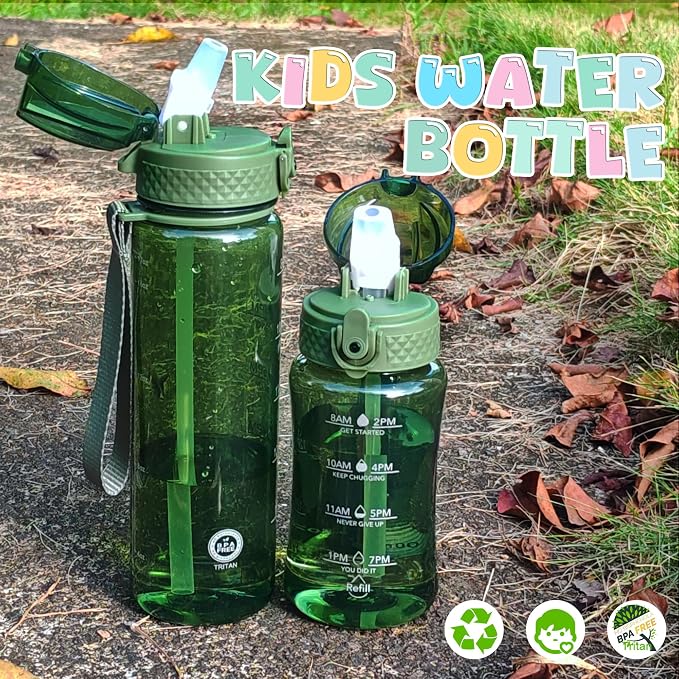OLDLEY 17oz Kids Water Bottle, Tritan BPA-Free, Leakproof Flip Straw Lid, Motivational Time Marker, Carry Strap, Reusable Clear Water Bottle for Boys & Girls,Jade