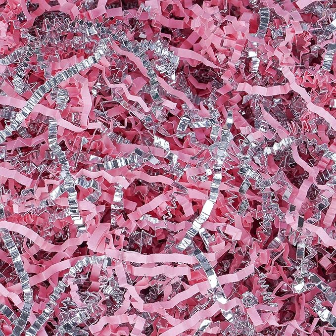 TANMWZK Crinkle Cut Paper Shred Filler 1 LB Gift Wrapping & Gift Basket Filler for Christmas,Halloween & Wedding Decorations,Easter Basket Grass Filler,Crafting Activities (Pink and Silver)