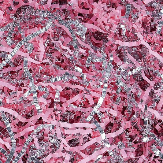 TANMWZK Crinkle Cut Paper Shred Filler 1 LB Gift Wrapping & Gift Basket Filler for Christmas,Halloween & Wedding Decorations,Easter Basket Grass Filler,Crafting Activities (Pink and Silver)