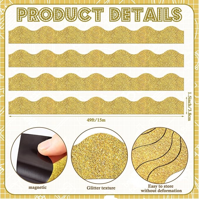 Fuyoooo 49 ft Magnetic Borders for Classroom Bulletin Board Borders Magnetic Whiteboard Classroom Strips Reusable Rolled Wall Trim for School Teacher Offices Chalkboard(Gold,Elegant Style)