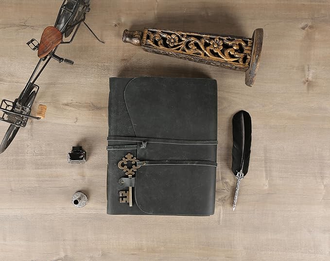 Leather Journal with Deckle Edge Paper 8x6 inch and Vintage Key | Handmade Writing Notebook Diary | Bound Daily Notepad for Men & Women Medium, Sketch/Writing pad for Artists