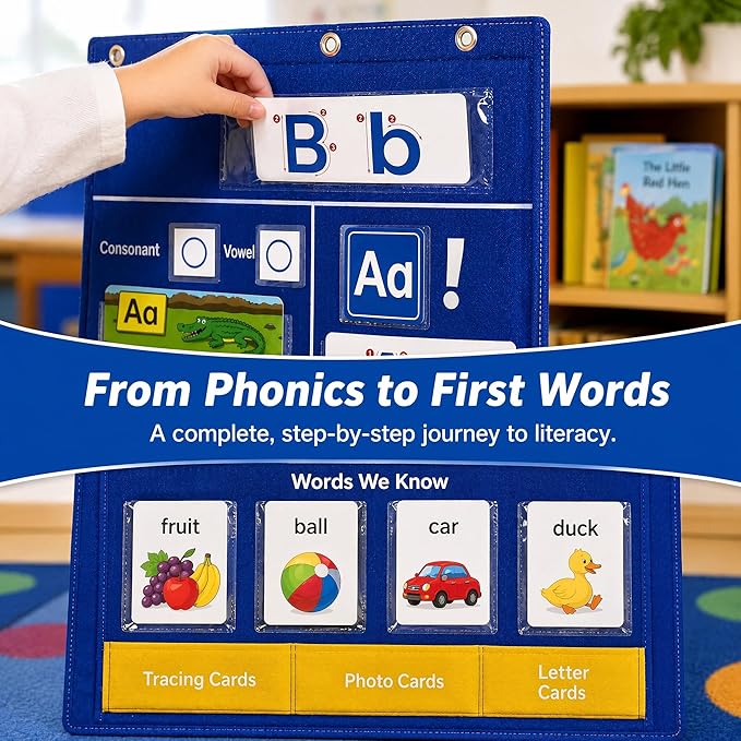 TEPU Alphabet Learning Pocket Chart for Kids, ABC Wall Chart with Flash Cards, Letter Tracing & Handwriting Practice, Preschool Kindergarten Homeschool Learning Activities, All Bbout 26 Letters Set