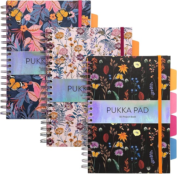 Pukka Pad 5 Subject Spiral Notebook 12-Pack - 200 Pages, 100 Sheets of 80GSM Paper with Repositionable Dividers & Perforated Edges for School & Office Planning & Organization - B5-7 X 10, Bloom