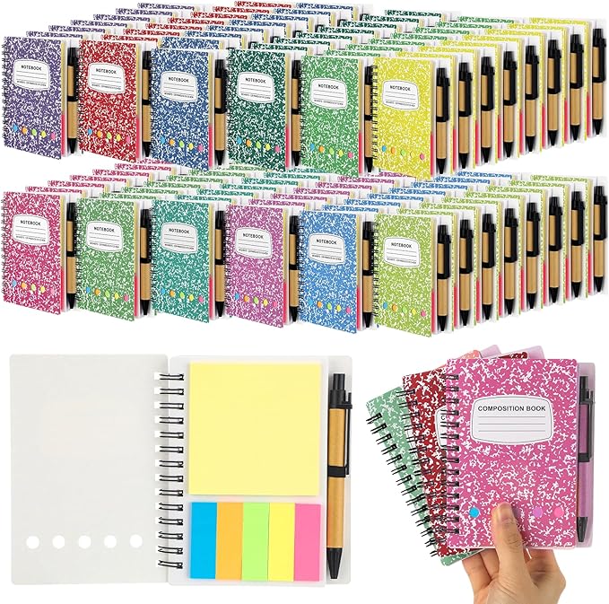 Dunzoom 24 Sets Spiral Notebook Bulk, Steno Pads Lined Notepad with Pen, Sticky Notes Colored Index Tabs, 5.2" x 4.1" Pocket Notebook for Home Business Office Supplies, 60 Sheets (Rainbow Colors)