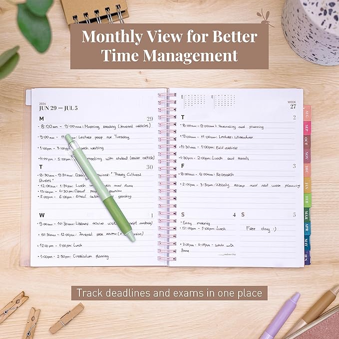 Rileys Academic Planner 2026-2027, Daily, Weekly & Monthly Planner, July 2026 - June 2027, Student Notes Pages, Twin-Wire Binding, Weekly Agenda for School & Work (8 x 6-Inches, Pink)