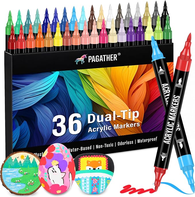 Pagather Acrylic Paint Markers, 36 Colors Dual Tip Fine & Brush Pens Set