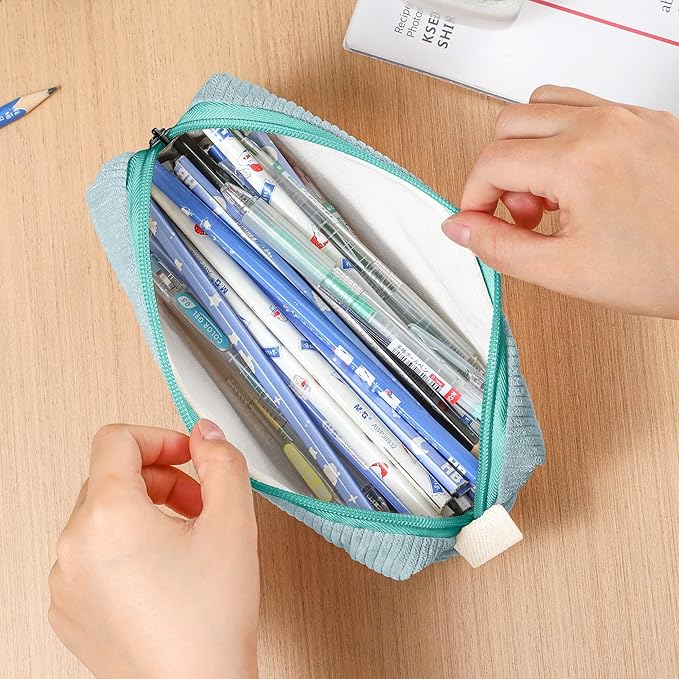 Pencil Bag Pen Case, Soft Corduroy Small Pencil Pouch Organizer with Zipper, Cute Pencil Case Pouch Stationery for Girls and Boys – Light Blue