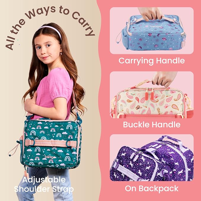 Bentgo Kids Prints Double-Insulated Reusable Lunch Bag | For Kids 3+, Adjustable Strap; Holds Lunch Box/Water Bottle/Snacks; Easy-Clean, Water-Resistant, Pockets (NEW Cowgirl Dreams)