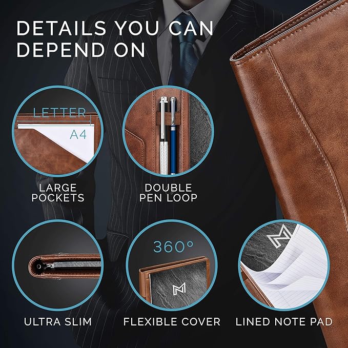 Nero Manetti - Leather Portfolio Folder - Business PU Leather Notepad Holder for Resumes, Legal Pad Executive Binder, Professional Padfolio Notebook for Women/Men (Brown)