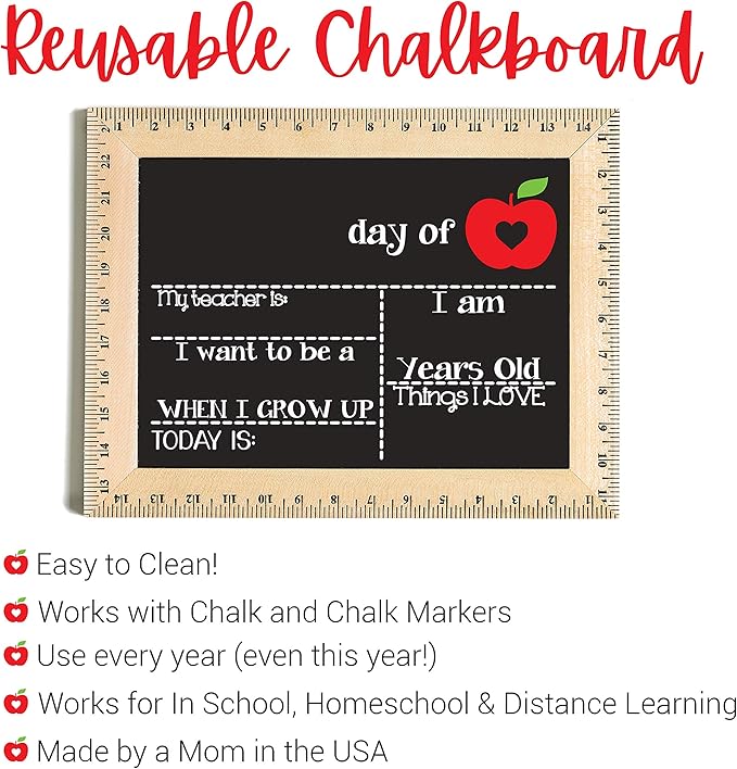 First Day of School Sign (15"x11.5"), Real Wooden Ruler Frame, Reusable Chalkboard- Easy-to-Clean, Handmade in USA by Bloom Owl, Perfect for Back to School, First Day of Kindergarten or Preschool