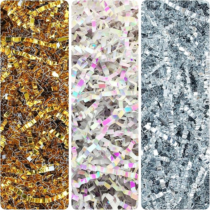 TANMWZK Crinkle Cut Paper Shred Filler 8 oz (1/2 lb) Gift Wrapping & Gift Basket Filler for Christmas,Halloween & Wedding Decorations,Easter Basket Grass Filler,Crafting Activities (Silver)